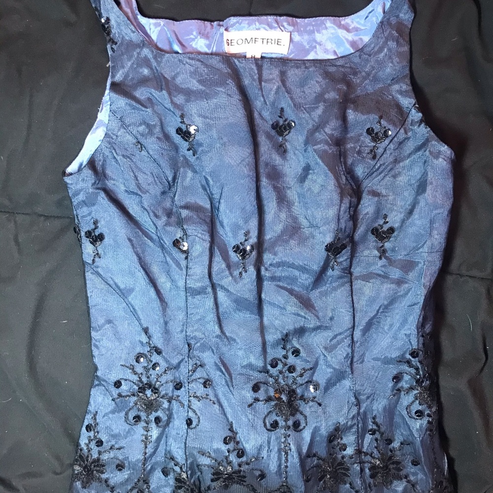 Geometrie Navy Blue Tank Top with Black Lace